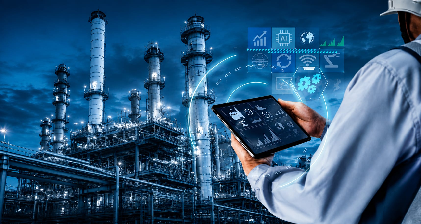 An engineer reviewing live plant data on a tablet in front of an illuminated industrial facility at dusk