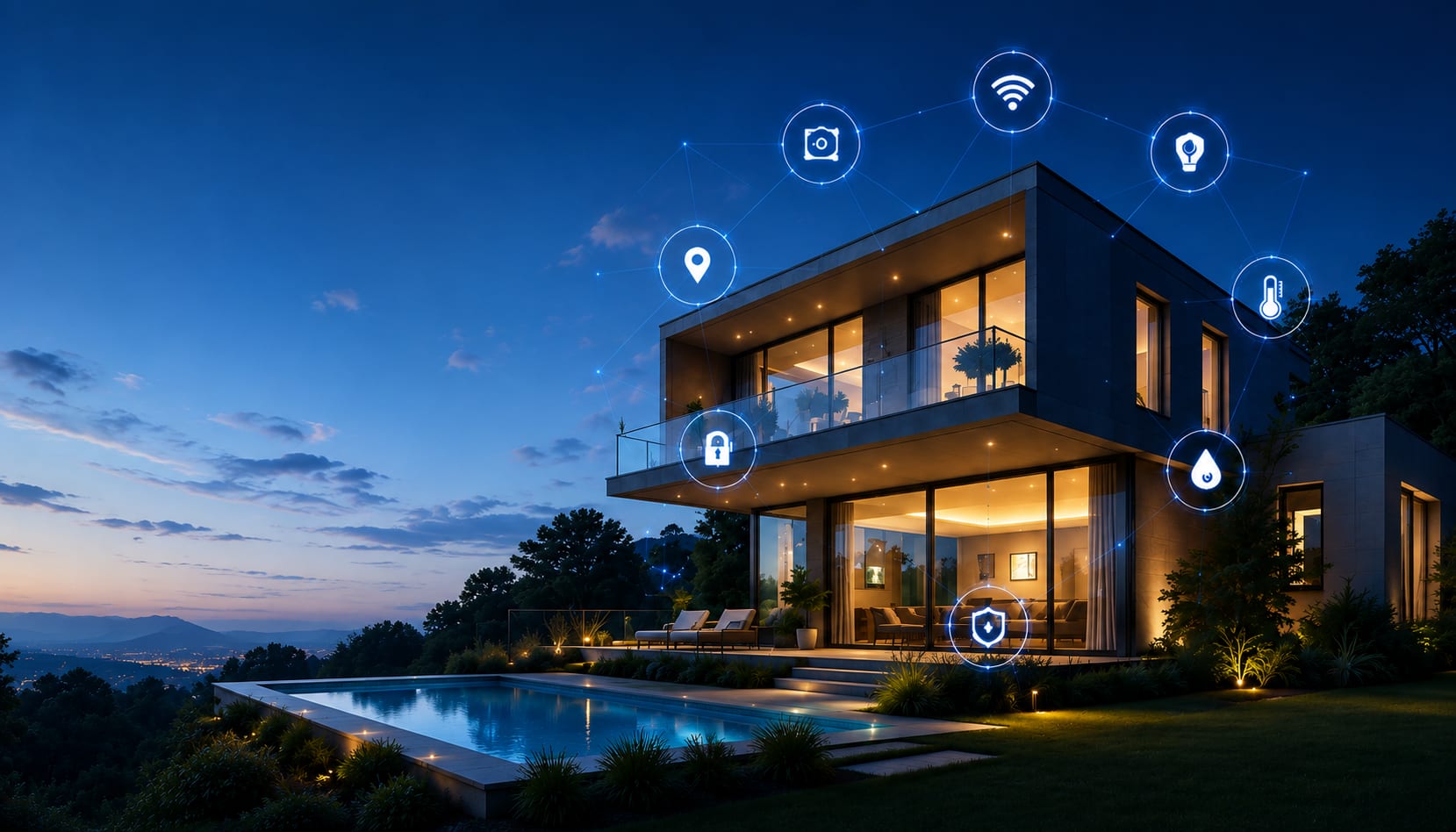 A modern home at dusk with connected lighting, climate, security and water sensors linked across the building