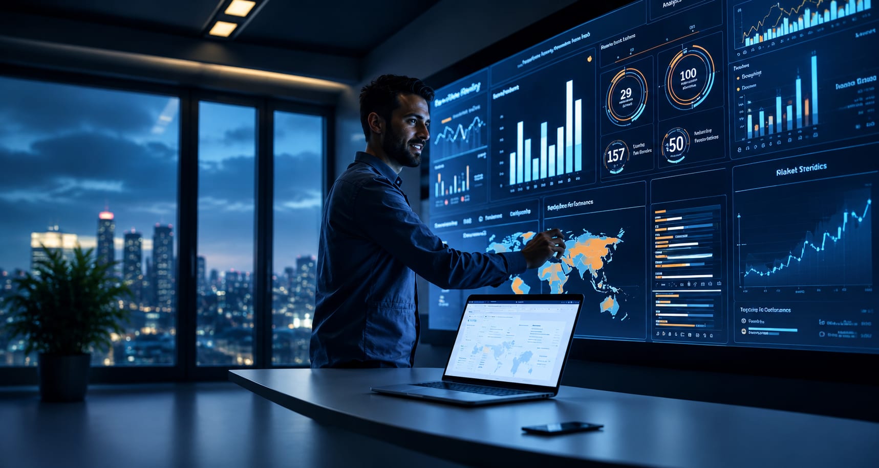 An analyst working across a wall of live operational dashboards in a city office at night