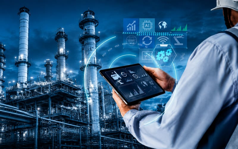 An engineer reviewing live plant data on a tablet in front of an illuminated industrial facility at dusk