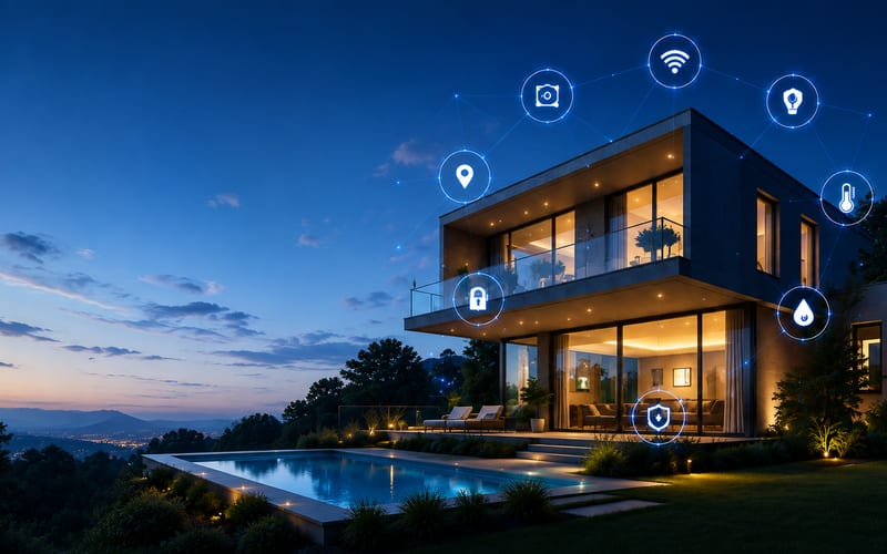 A modern home at dusk with connected lighting, climate, security and water sensors linked across the building