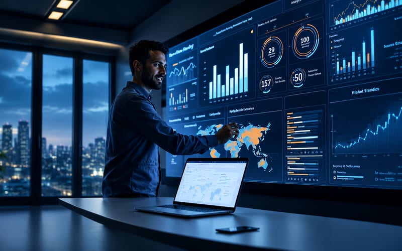 An analyst working across a wall of live operational dashboards in a city office at night
