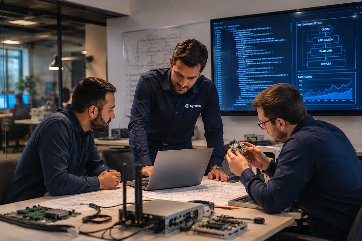 Three Syncro engineers reviewing system architecture, circuit boards and schematics around a workbench
